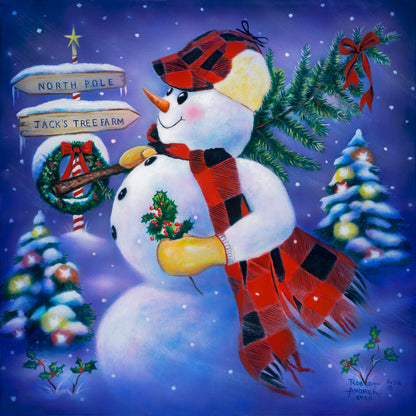 A painting of a snowman carrying a small Christmas tree, holding holly. It is standing by a sign indicating that it is taking the tree from Jack's Tree Farm to the North Pole.