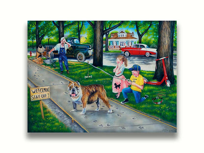 A painting of a dog walking on wet cement, leaving paw prints everywhere. Two children are trying to catch the dog using a bone on a stick, and an onlooking construction worker panics. Printed on canvas.