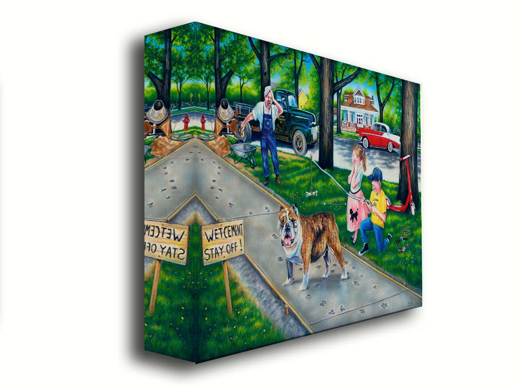 A painting of a dog walking on wet cement, leaving paw prints everywhere. Two children are trying to catch the dog using a bone on a stick, and an onlooking construction worker panics. Printed on canvas.