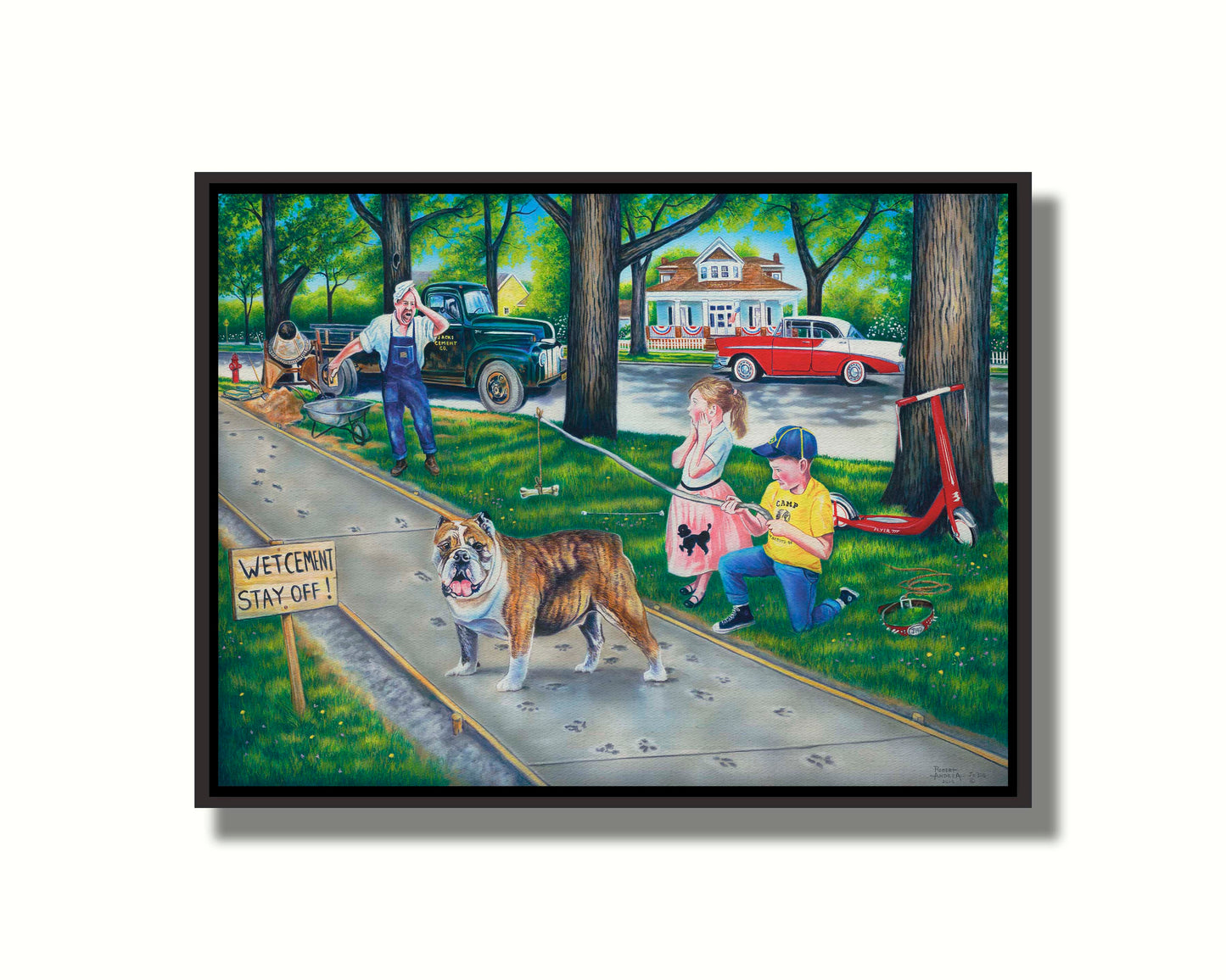 A painting of a dog walking on wet cement, leaving paw prints everywhere. Two children are trying to catch the dog using a bone on a stick, and an onlooking construction worker panics. Printed on canvas in a float frame.