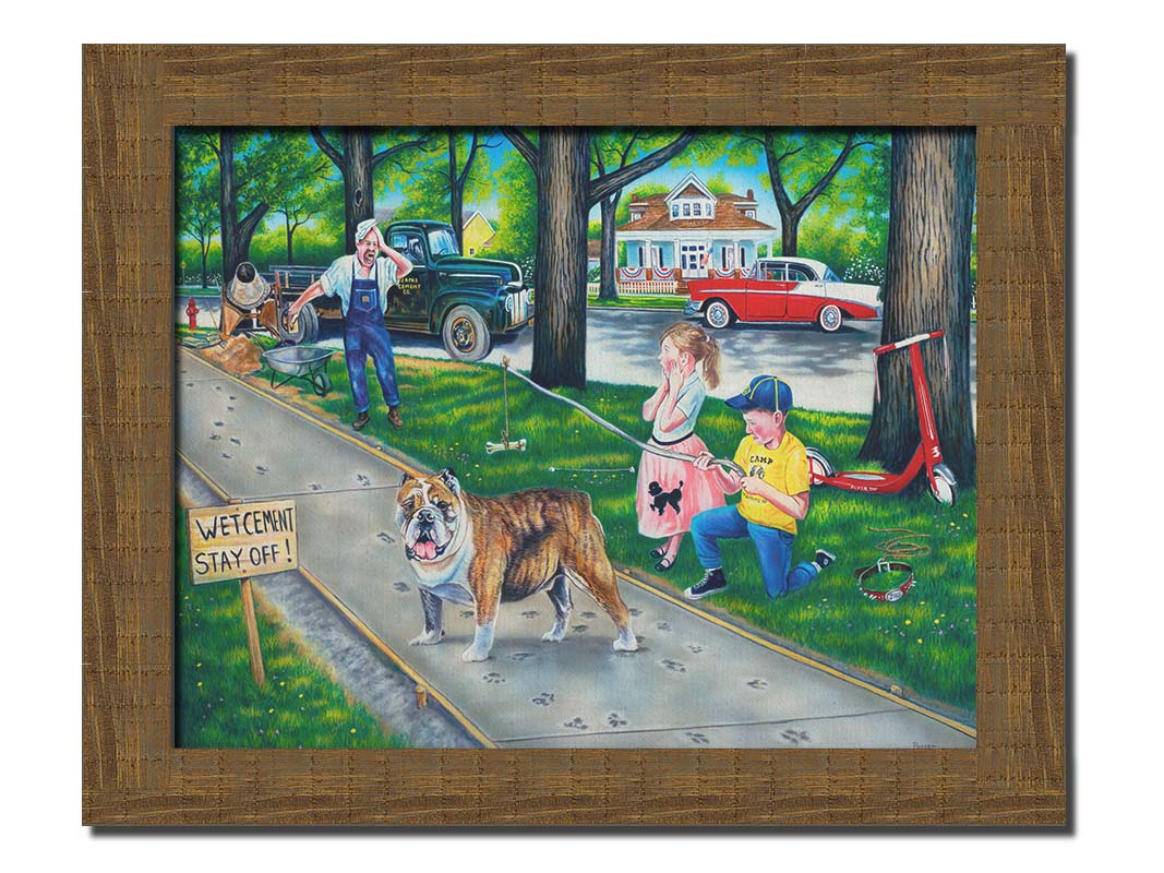 A painting of a dog walking on wet cement, leaving paw prints everywhere. Two children are trying to catch the dog using a bone on a stick, and an onlooking construction worker panics. Printed on canvas and framed.