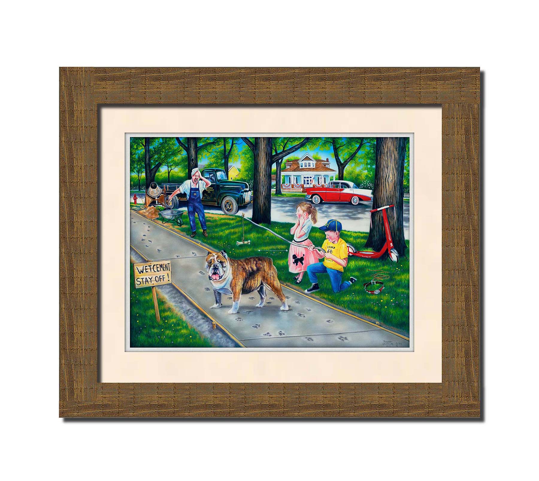 A painting of a dog walking on wet cement, leaving paw prints everywhere. Two children are trying to catch the dog using a bone on a stick, and an onlooking construction worker panics. Printed on paper, matted, and framed.