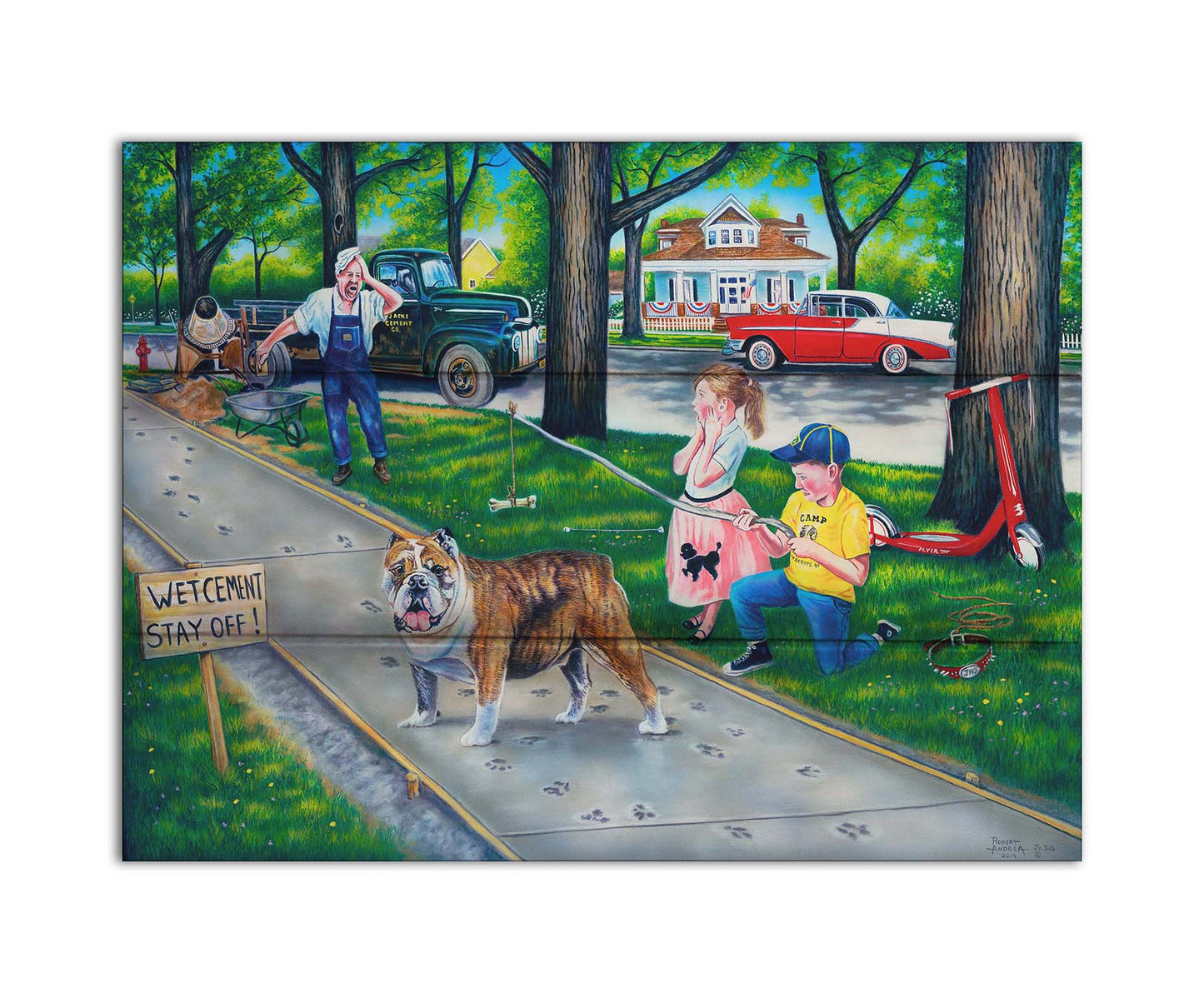 A painting of a dog walking on wet cement, leaving paw prints everywhere. Two children are trying to catch the dog using a bone on a stick, and an onlooking construction worker panics. Printed on a box board.