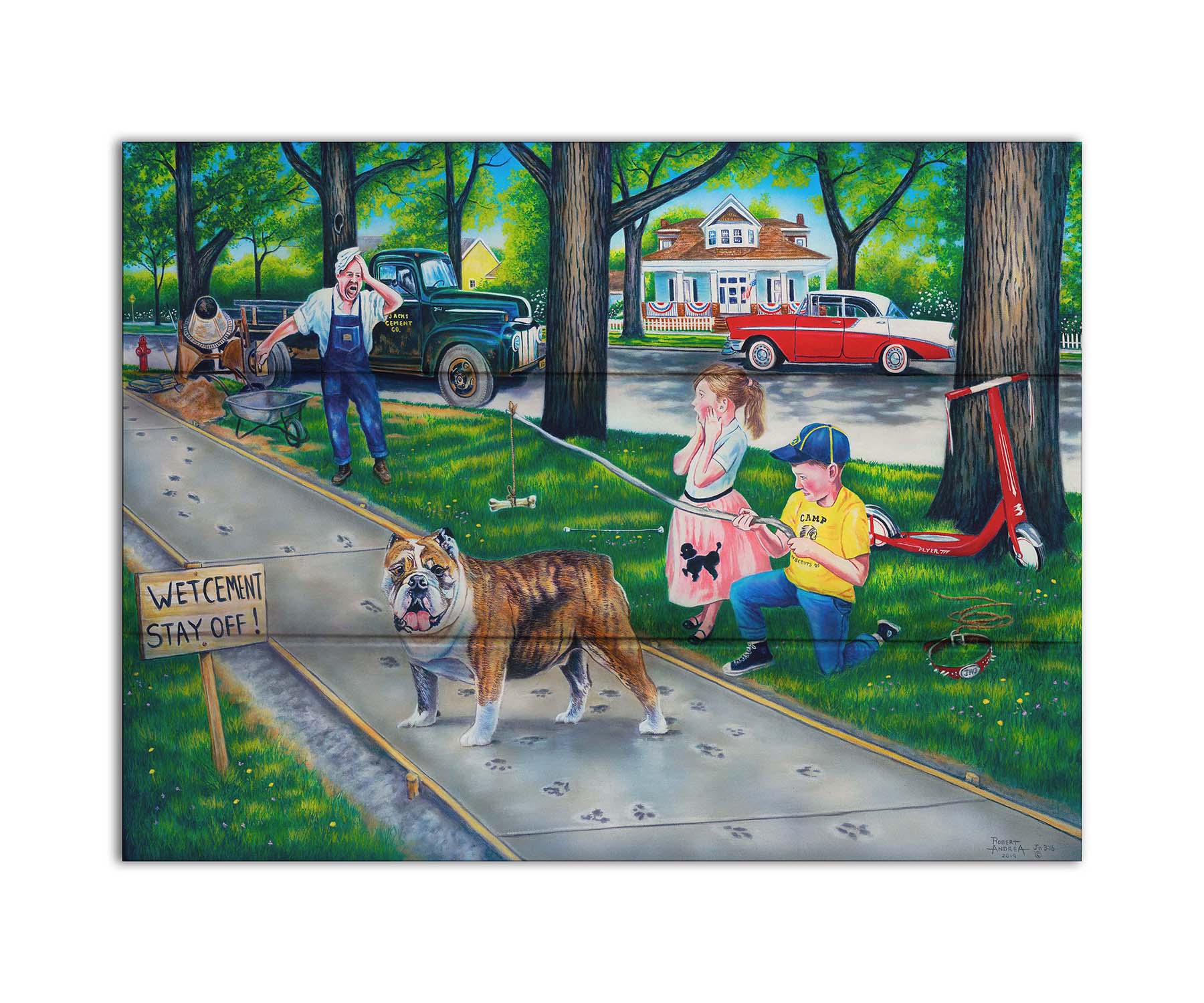 A painting of a dog walking on wet cement, leaving paw prints everywhere. Two children are trying to catch the dog using a bone on a stick, and an onlooking construction worker panics. Printed on a box board.