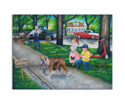 A painting of a dog walking on wet cement, leaving paw prints everywhere. Two children are trying to catch the dog using a bone on a stick, and an onlooking construction worker panics. Printed on a box board.