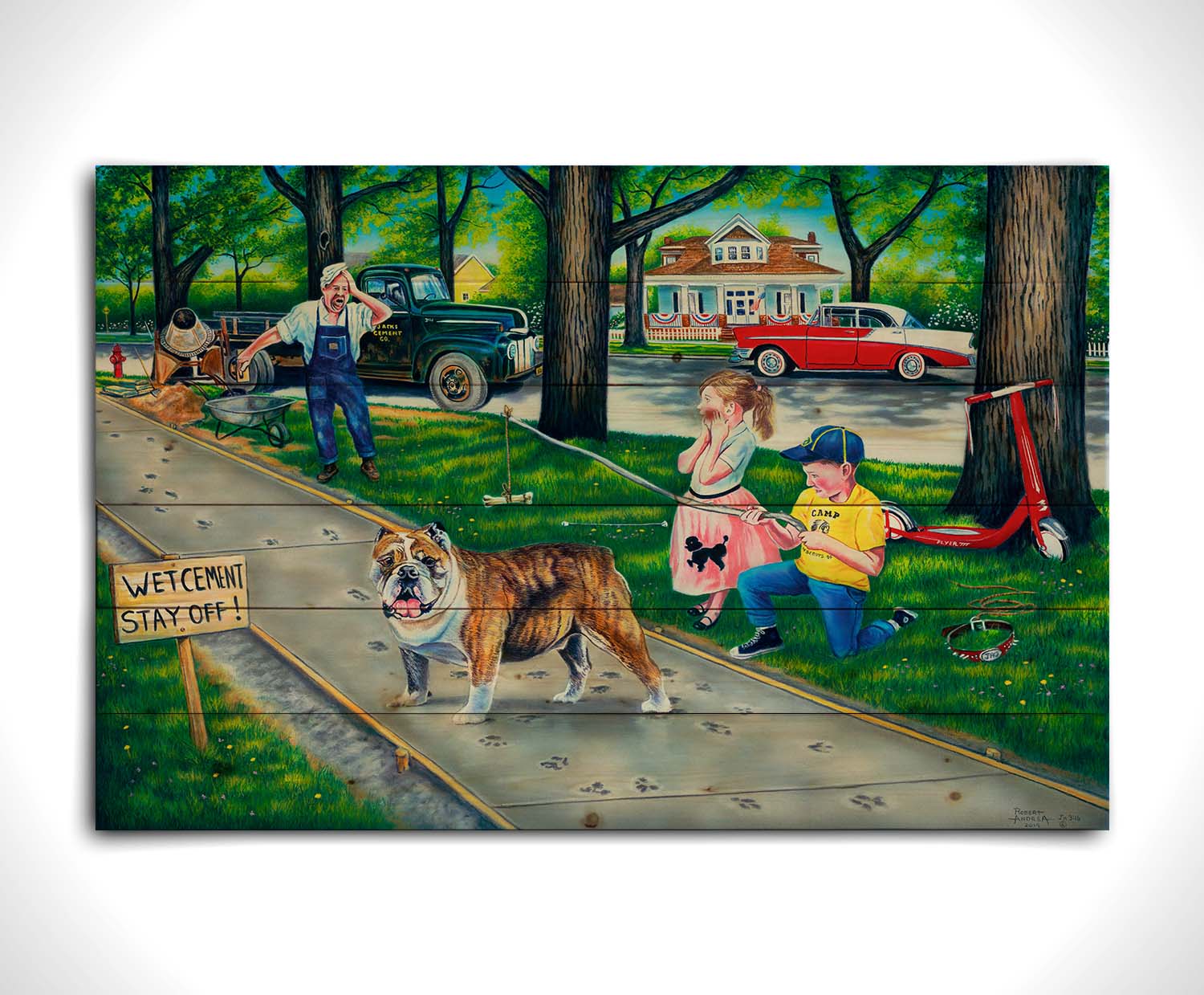 A painting of a dog walking on wet cement, leaving paw prints everywhere. Two children are trying to catch the dog using a bone on a stick, and an onlooking construction worker panics. Printed on a wood pallet.