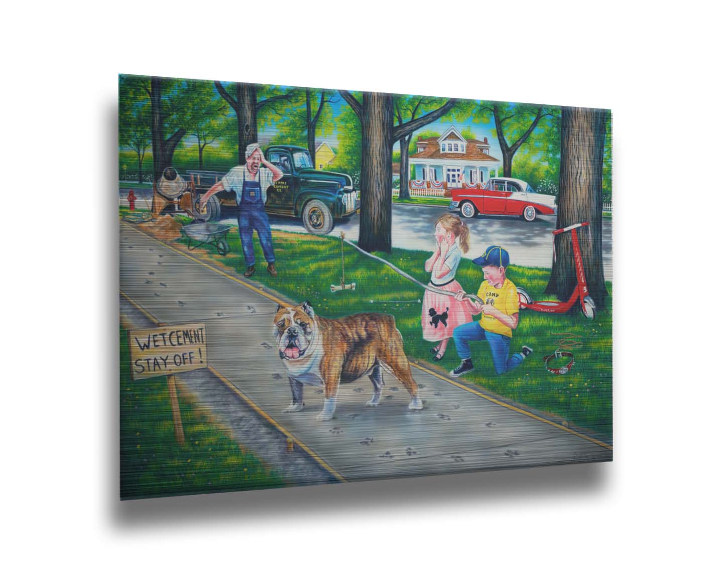 A painting of a dog walking on wet cement, leaving paw prints everywhere. Two children are trying to catch the dog using a bone on a stick, and an onlooking construction worker panics. Printed on metal.