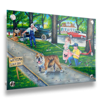 A painting of a dog walking on wet cement, leaving paw prints everywhere. Two children are trying to catch the dog using a bone on a stick, and an onlooking construction worker panics. Printed on acrylic.