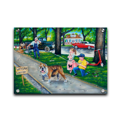 A painting of a dog walking on wet cement, leaving paw prints everywhere. Two children are trying to catch the dog using a bone on a stick, and an onlooking construction worker panics. Printed on acrylic.