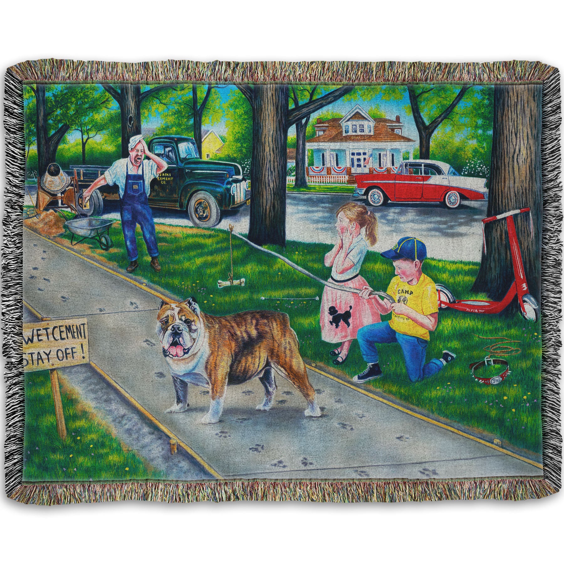 A woven throw blanket designed with a painting of a dog walking on wet cement, leaving paw prints everywhere. Two children are trying to catch the dog using a bone on a stick, and an onlooking construction worker panics. 
