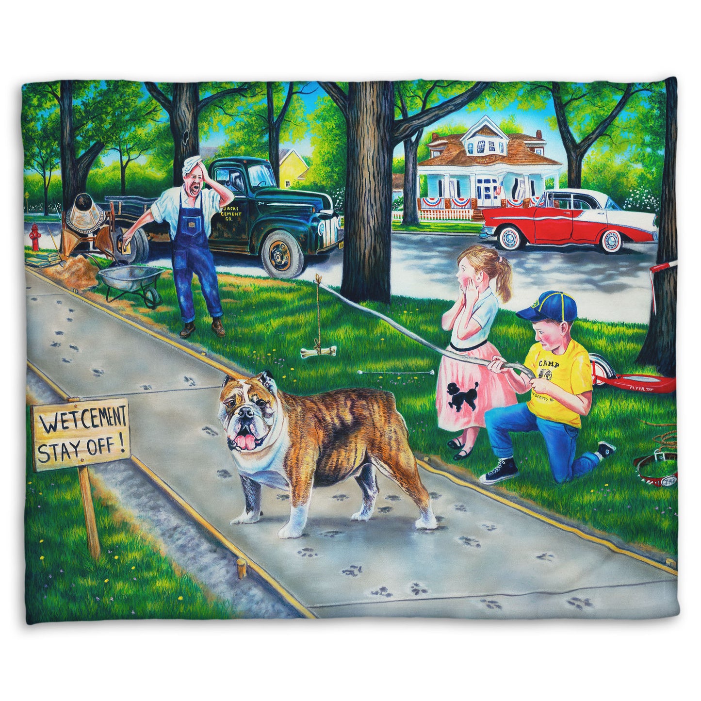 A coral fleece throw blanket designed with a painting of a dog walking on wet cement, leaving paw prints everywhere. Two children are trying to catch the dog using a bone on a stick, and an onlooking construction worker panics. 