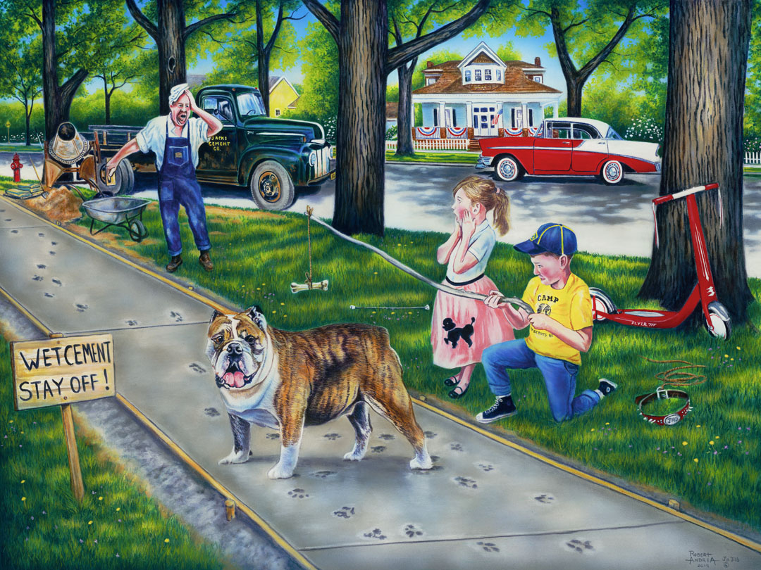 A painting of a dog walking on wet cement, leaving paw prints everywhere. Two children are trying to catch the dog using a bone on a stick, and an onlooking construction worker panics.