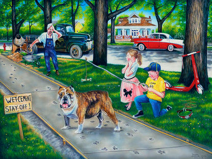 A painting of a dog walking on wet cement, leaving paw prints everywhere. Two children are trying to catch the dog using a bone on a stick, and an onlooking construction worker panics.