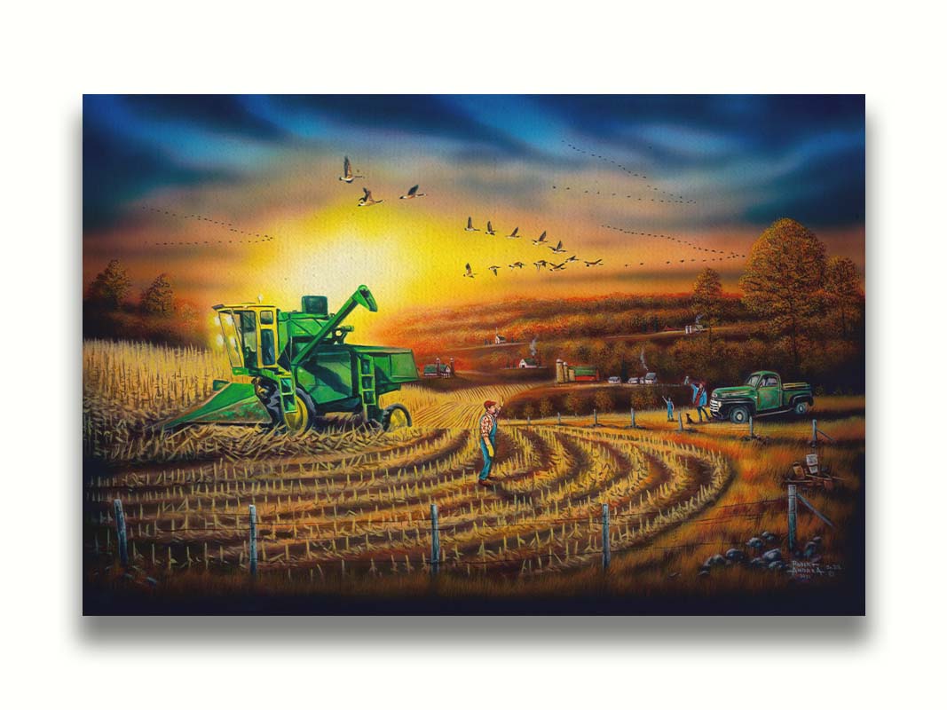 A painting of a harvester at work, gracefully cutting through fields of golden corn stalks. Geese fly overhead, illuminated by the sun on the horizon. Printed on canvas.