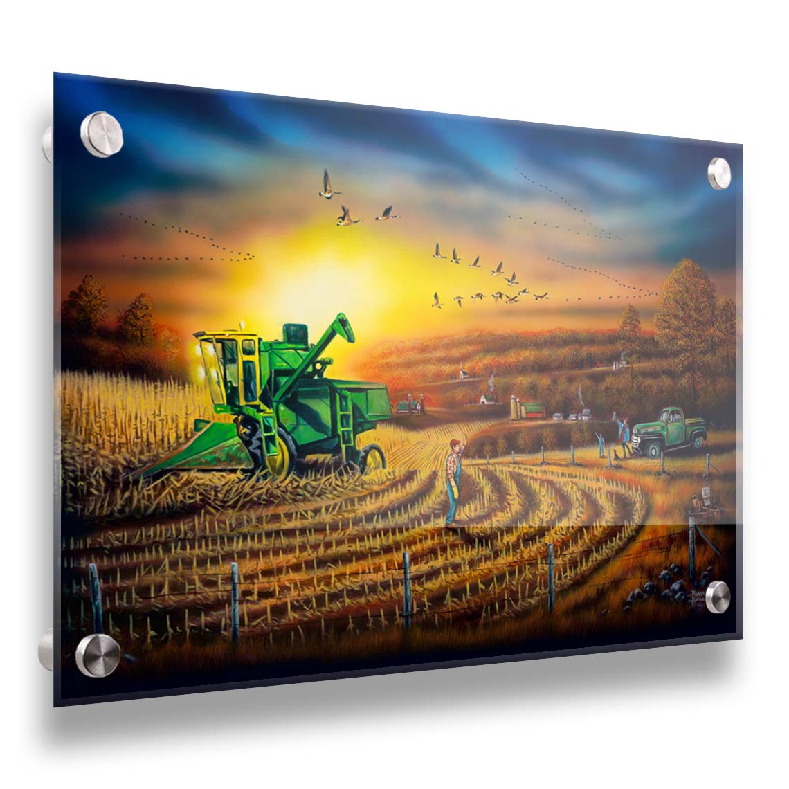 A painting of a harvester at work, gracefully cutting through fields of golden corn stalks. Geese fly overhead, illuminated by the sun on the horizon. Printed on acrylic.