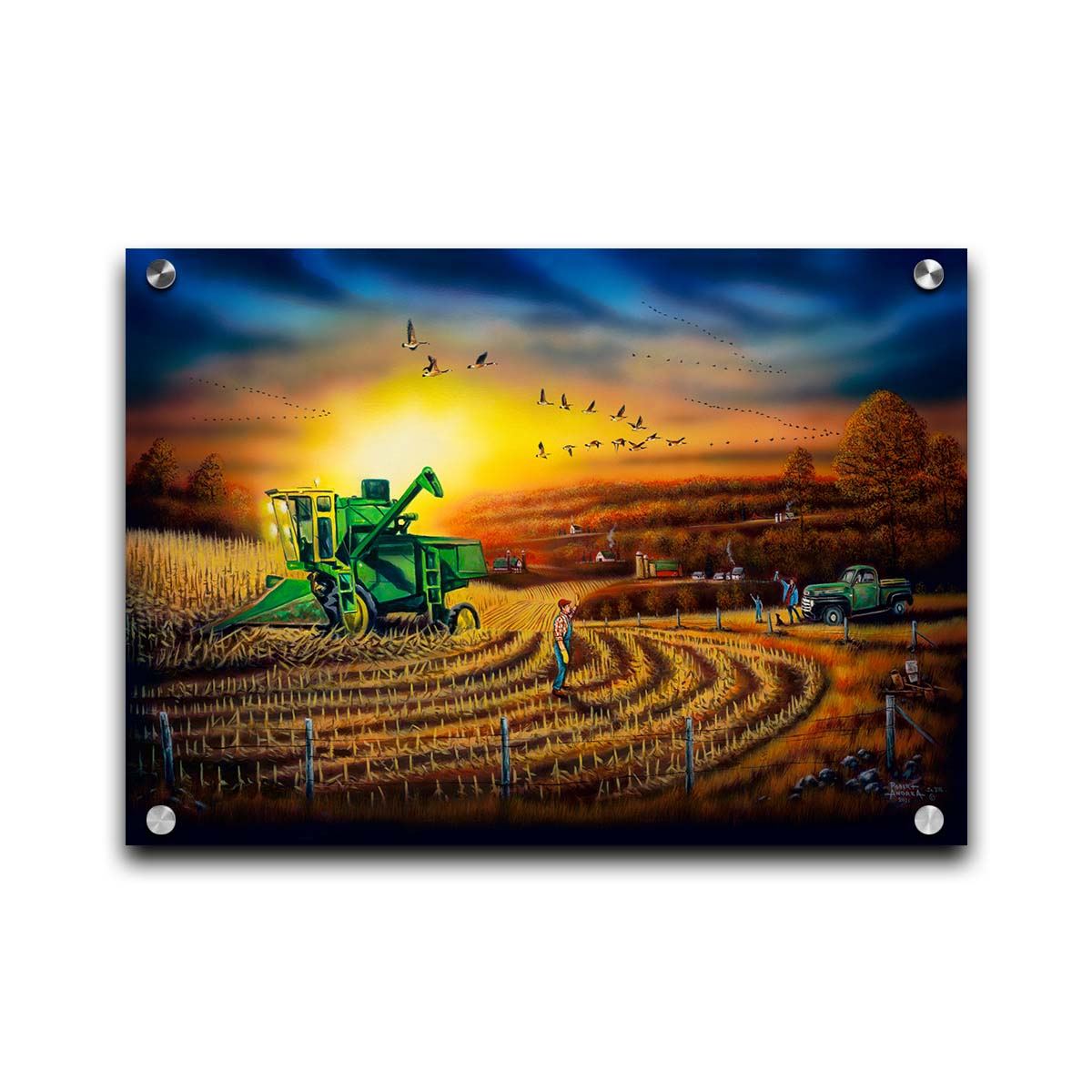 A painting of a harvester at work, gracefully cutting through fields of golden corn stalks. Geese fly overhead, illuminated by the sun on the horizon. Printed on acrylic.