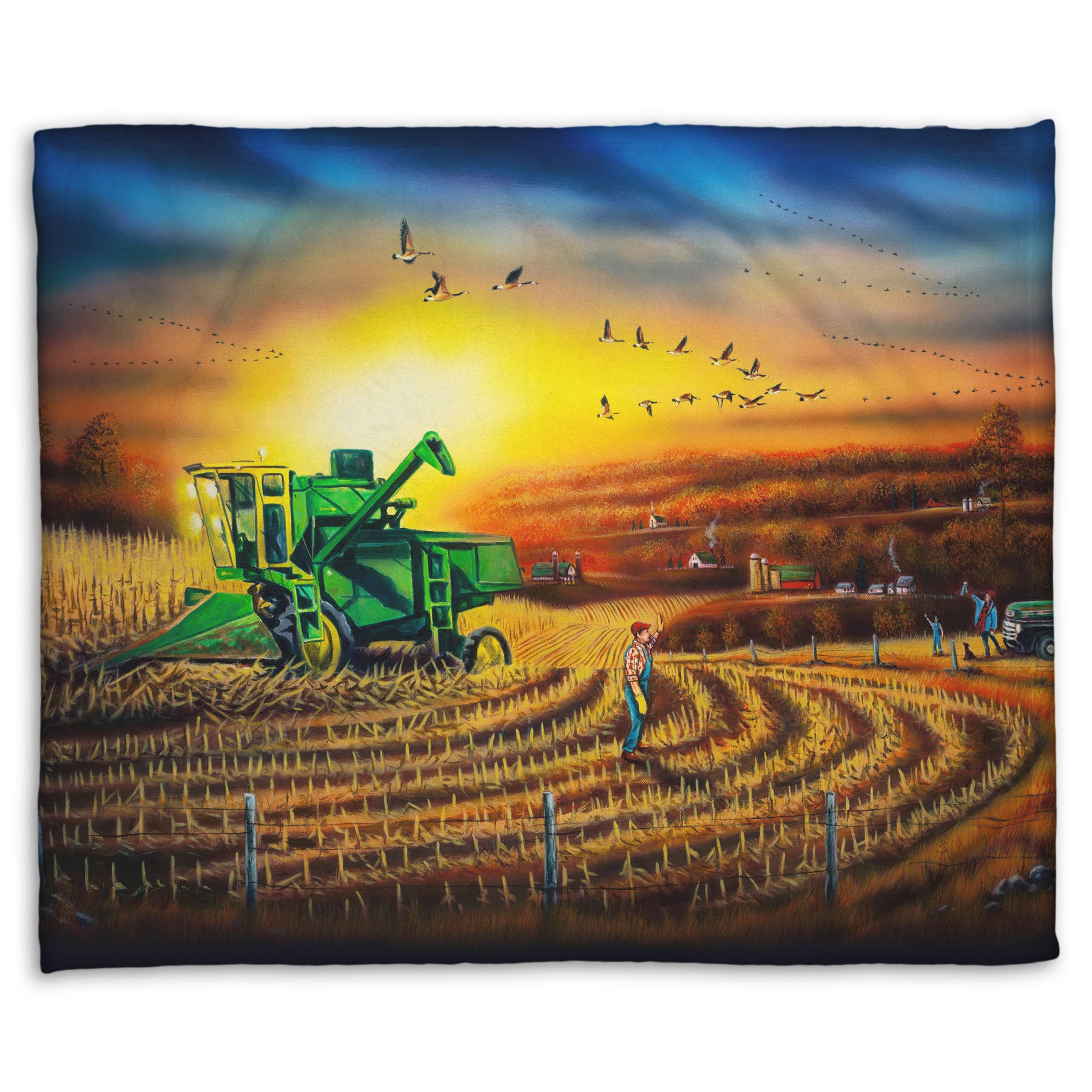 Coral fleece blanket with a scenic design of a farm landscape, with a harvester stopped in a partially harvested field of corn.