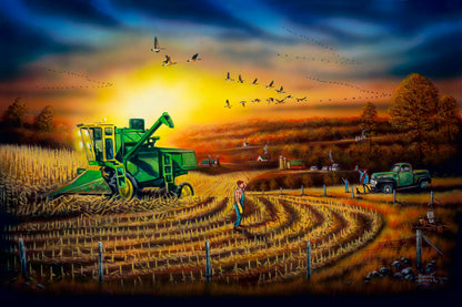 A painting of a harvester at work, gracefully cutting through fields of golden corn stalks. Geese fly overhead, illuminated by the sun on the horizon