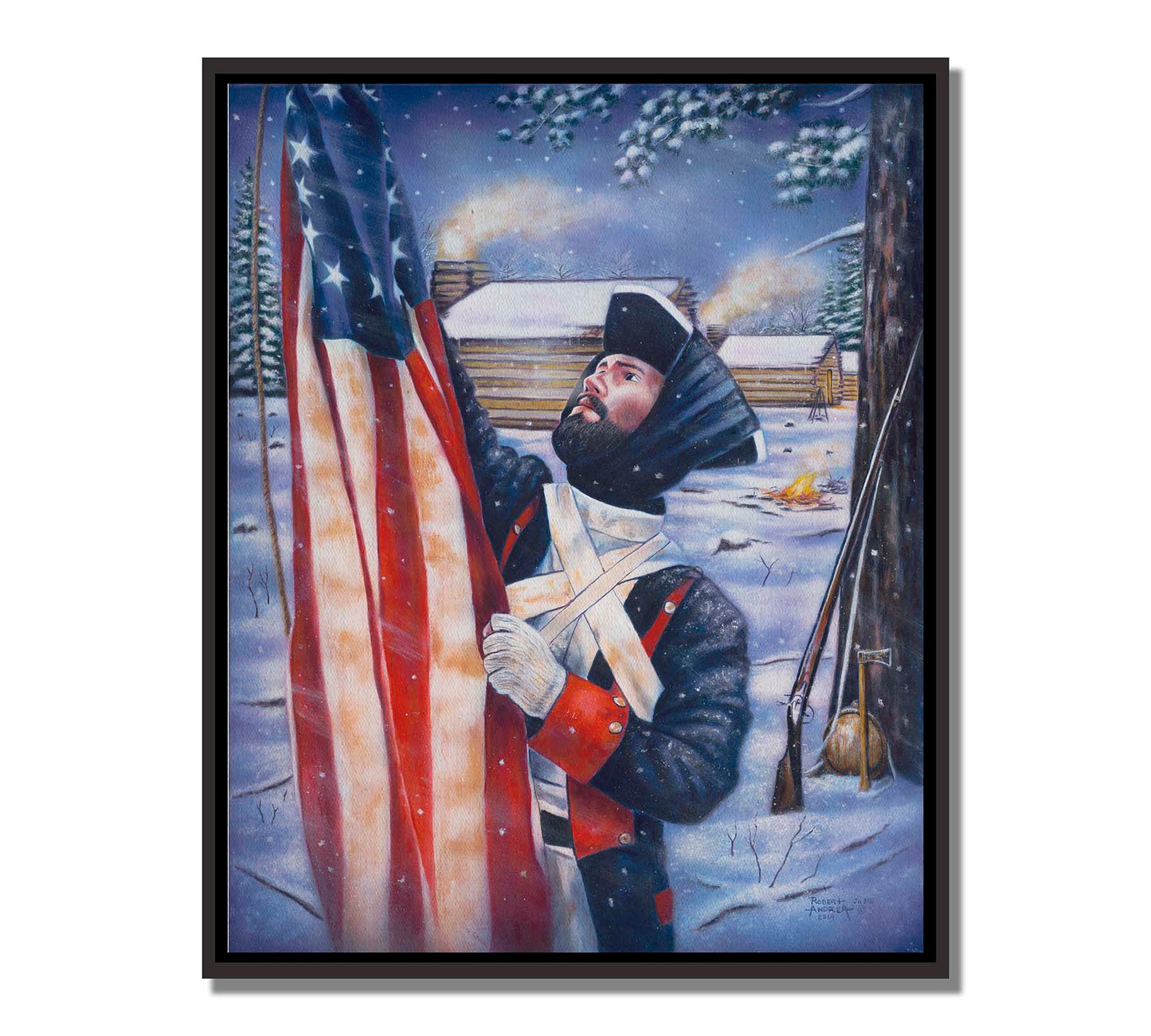 A painting of a Revolutionary War soldier raising an American flag. His musket, hatchet, and canteen rest against a tree behind him. The cabins of the fort are seen in the background. Printed on canvas in a float frame.