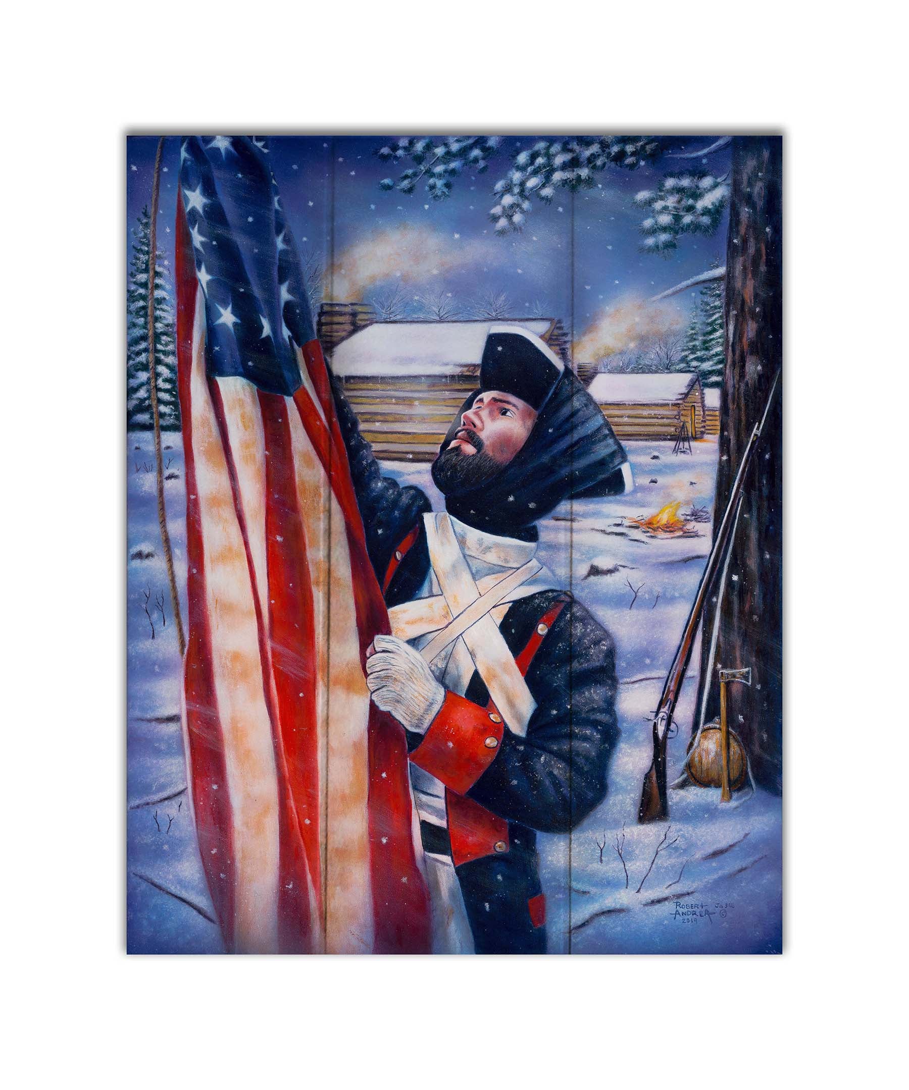 A painting of a Revolutionary War soldier raising an American flag. His musket, hatchet, and canteen rest against a tree behind him. The cabins of the fort are seen in the background. Printed on a box board.