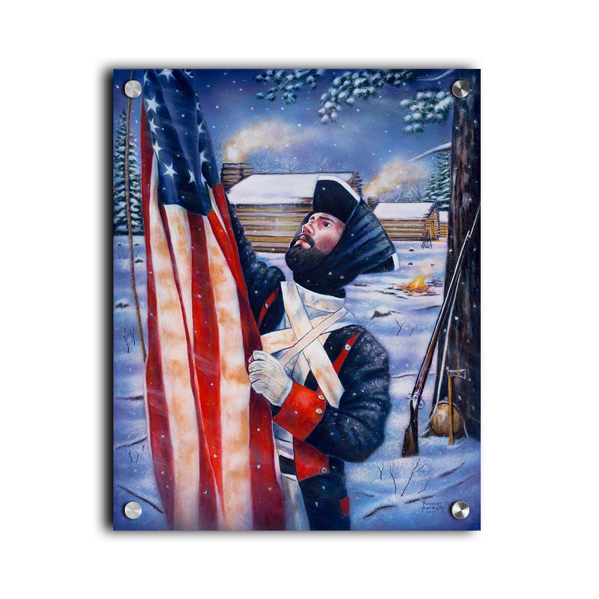 A painting of a Revolutionary War soldier raising an American flag. His musket, hatchet, and canteen rest against a tree behind him. The cabins of the fort are seen in the background. Printed on acrylic.