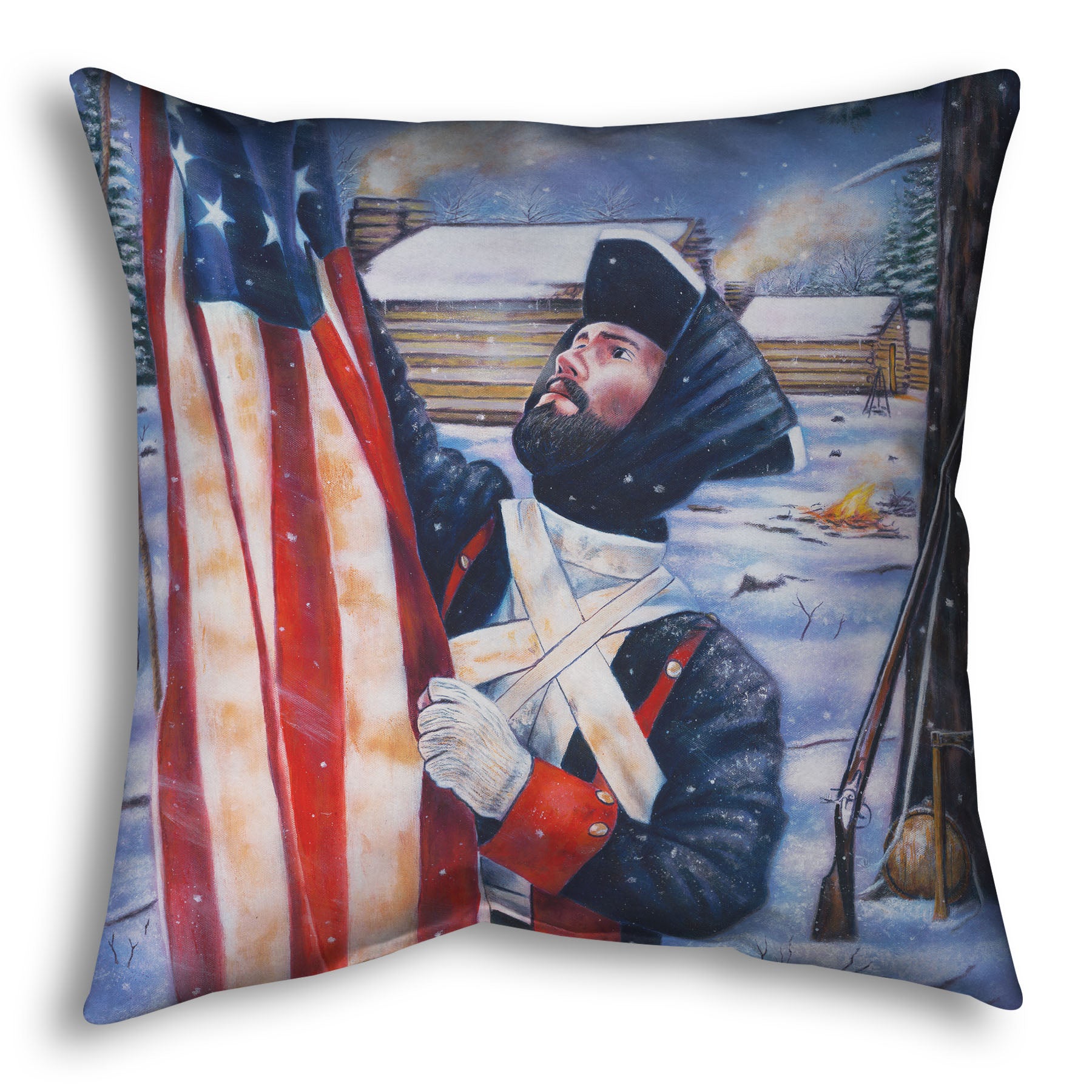 Decorative pillow designed with a soldier holding an American flag in a snowy landscape.