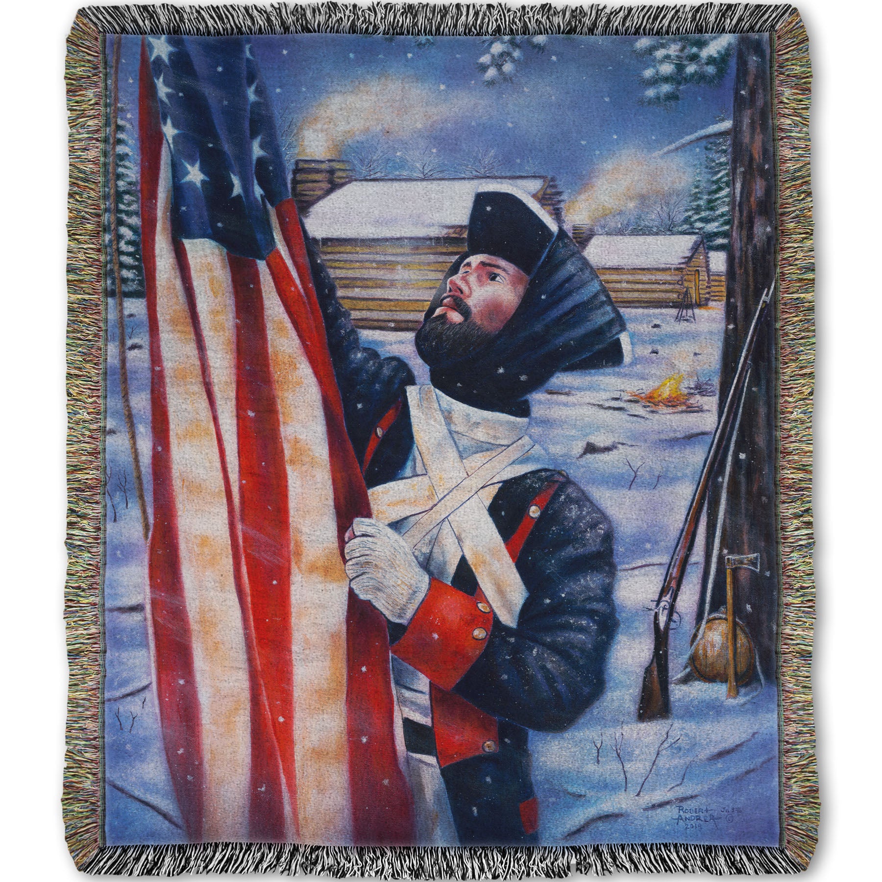 Woven blanket designed with a soldier holding an American flag in a snowy landscape.