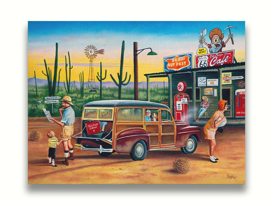 A painting of a family lost on a road trip vacation. They have stopped at a small gas station in the desert to check their map for directions. Printed on canvas.