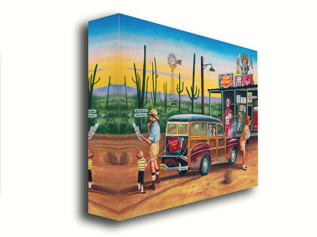 A painting of a family lost on a road trip vacation. They have stopped at a small gas station in the desert to check their map for directions. Printed on canvas.