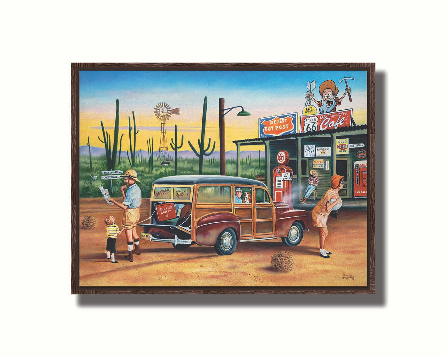 A painting of a family lost on a road trip vacation. They have stopped at a small gas station in the desert to check their map for directions. Printed on canvas in a float frame.