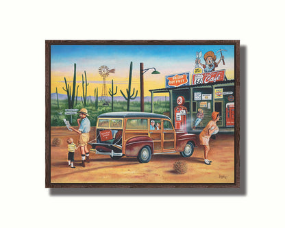 A painting of a family lost on a road trip vacation. They have stopped at a small gas station in the desert to check their map for directions. Printed on canvas in a float frame.