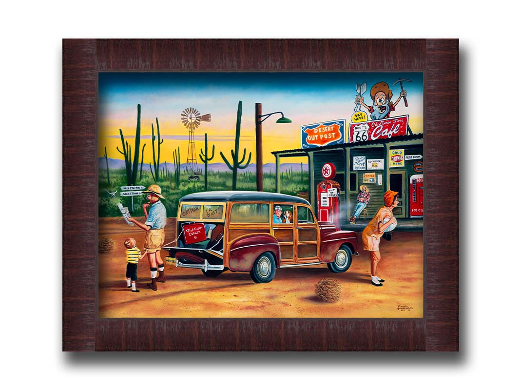 A painting of a family lost on a road trip vacation. They have stopped at a small gas station in the desert to check their map for directions. Printed on canvas and framed.