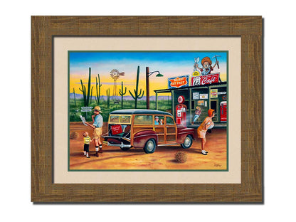 A painting of a family lost on a road trip vacation. They have stopped at a small gas station in the desert to check their map for directions. Printed on paper, matted, and framed.