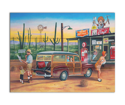 A painting of a family lost on a road trip vacation. They have stopped at a small gas station in the desert to check their map for directions. Printed on a box board.