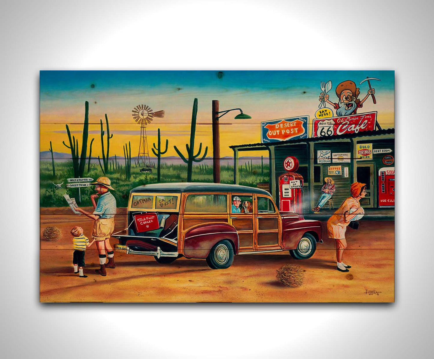 A painting of a family lost on a road trip vacation. They have stopped at a small gas station in the desert to check their map for directions. Printed on a wood pallet.