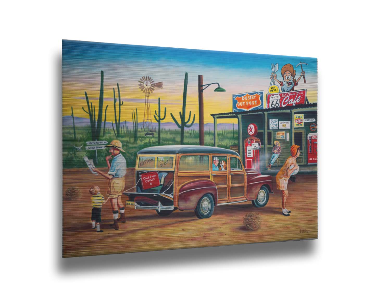 A painting of a family lost on a road trip vacation. They have stopped at a small gas station in the desert to check their map for directions. Printed on metal.