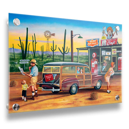 A painting of a family lost on a road trip vacation. They have stopped at a small gas station in the desert to check their map for directions. Printed on acrylic.