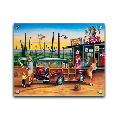 A painting of a family lost on a road trip vacation. They have stopped at a small gas station in the desert to check their map for directions. Printed on acrylic.