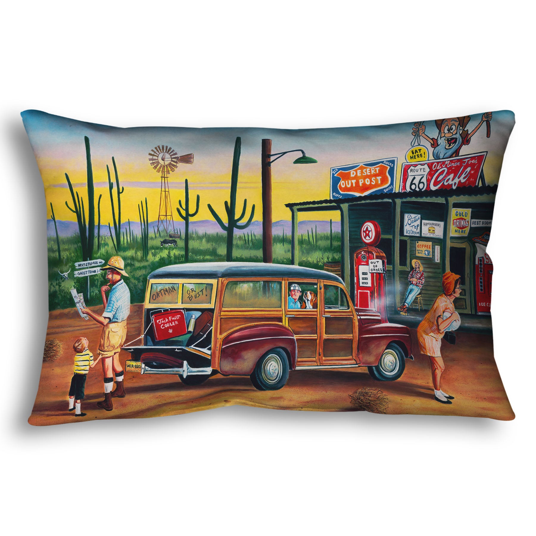 A throw pillow depicting a painting of a family lost on a road trip vacation. They have stopped at a small gas station in the desert to check their map for directions.
