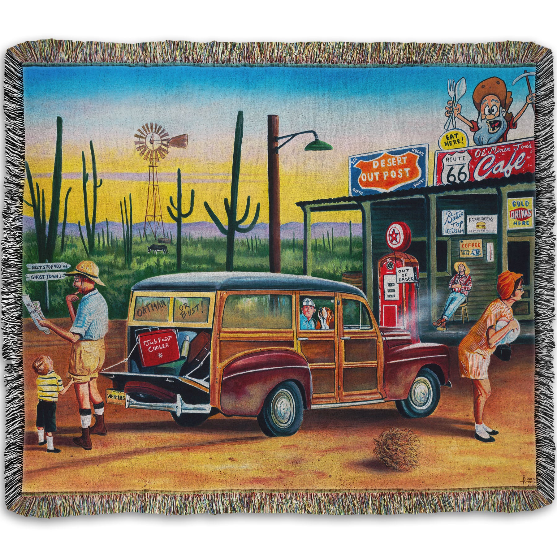 A woven throw blanket depicting a painting of a family lost on a road trip vacation. They have stopped at a small gas station in the desert to check their map for directions.