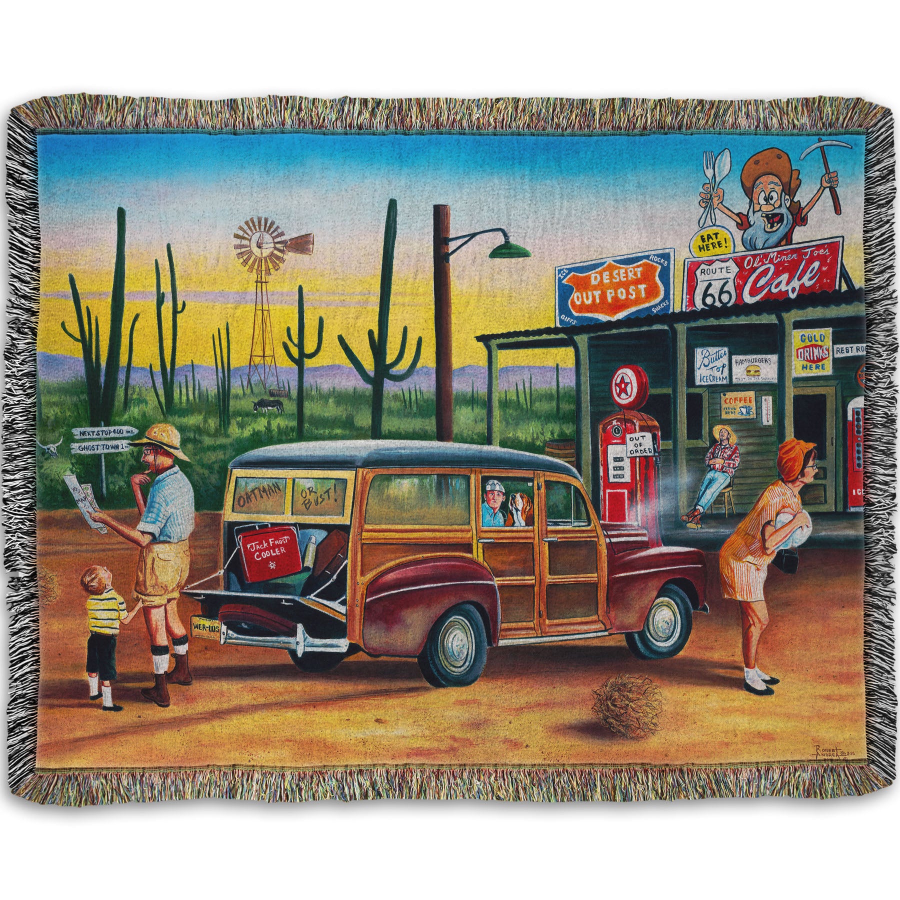 A woven throw blanket depicting a painting of a family lost on a road trip vacation. They have stopped at a small gas station in the desert to check their map for directions.