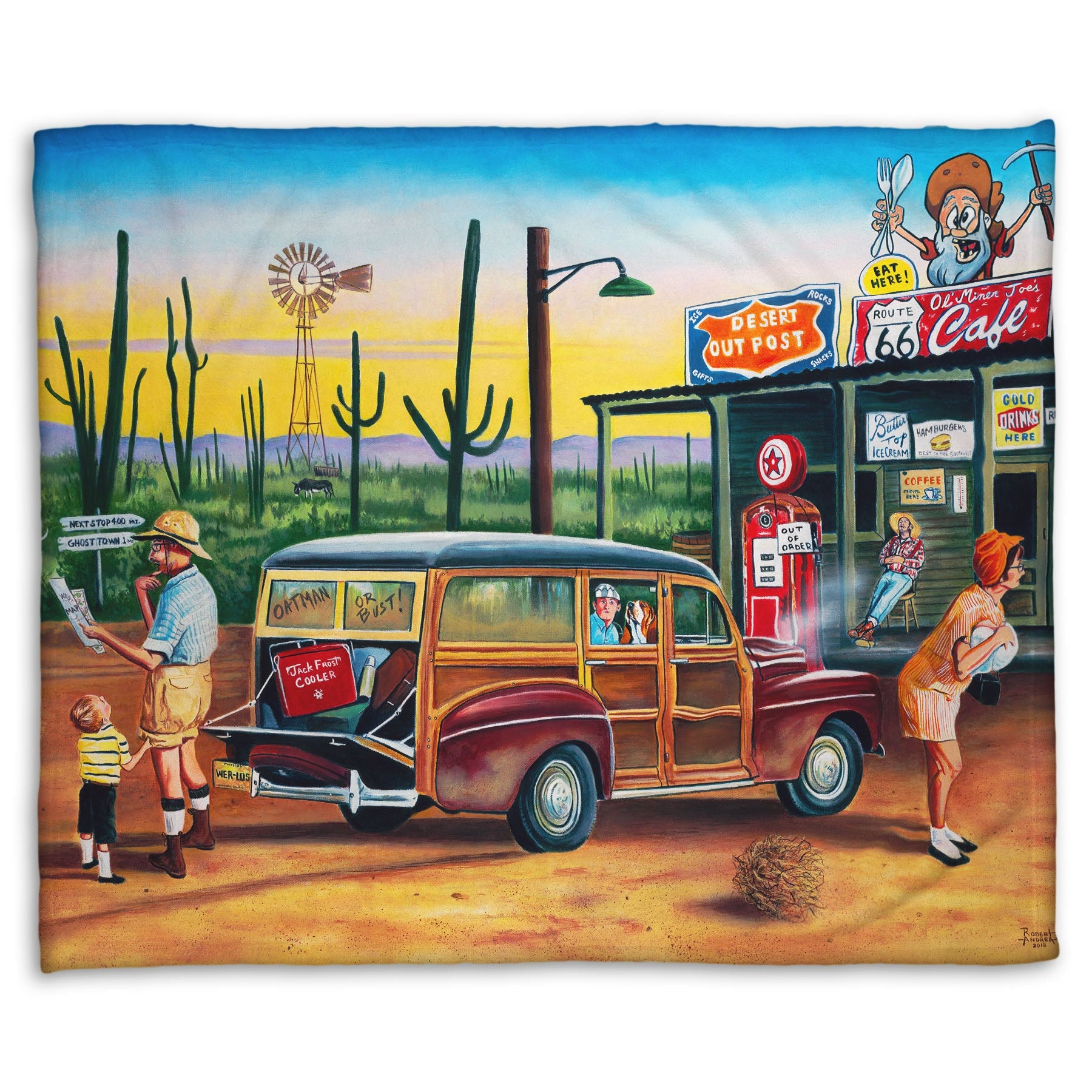 A coral fleece throw blanket depicting a painting of a family lost on a road trip vacation. They have stopped at a small gas station in the desert to check their map for directions.