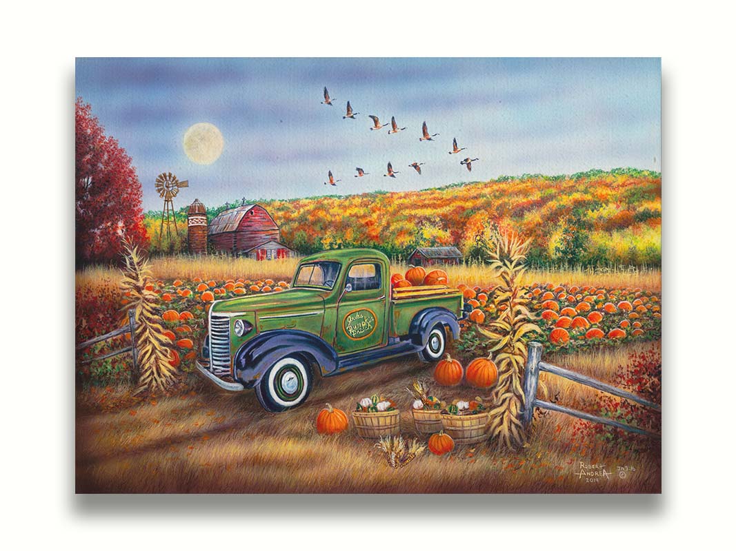 A painting of a farm, featuring a field of pumpkins and a field of corn. There is a forest of yellow, orange, red, and green fall trees in the background, and geese fly overhead. Printed on canvas.