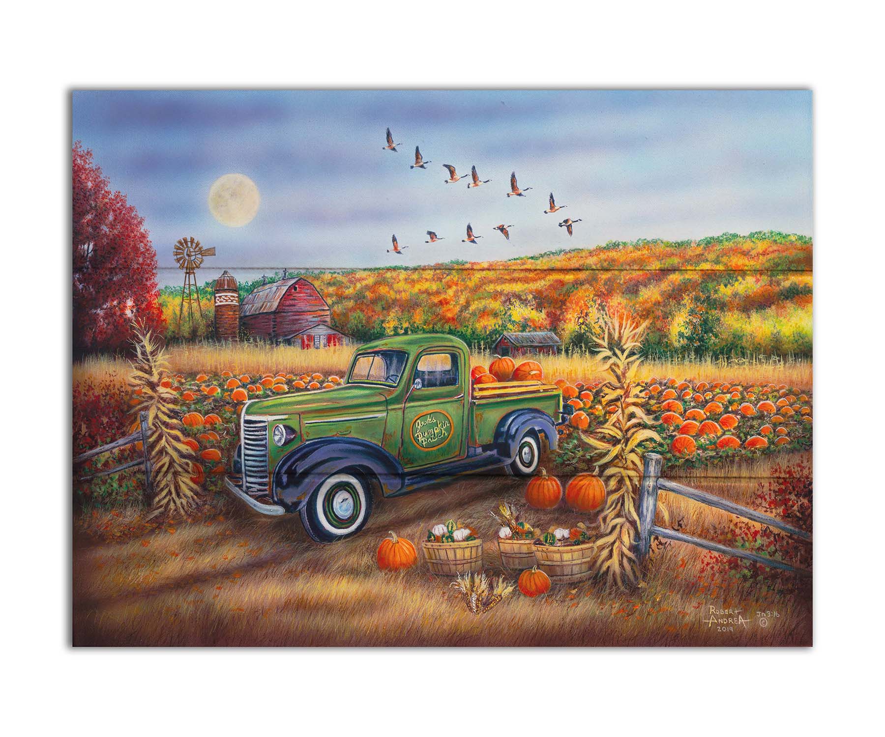 A painting of a farm, featuring a field of pumpkins and a field of corn. There is a forest of yellow, orange, red, and green fall trees in the background, and geese fly overhead. Printed on a box board.