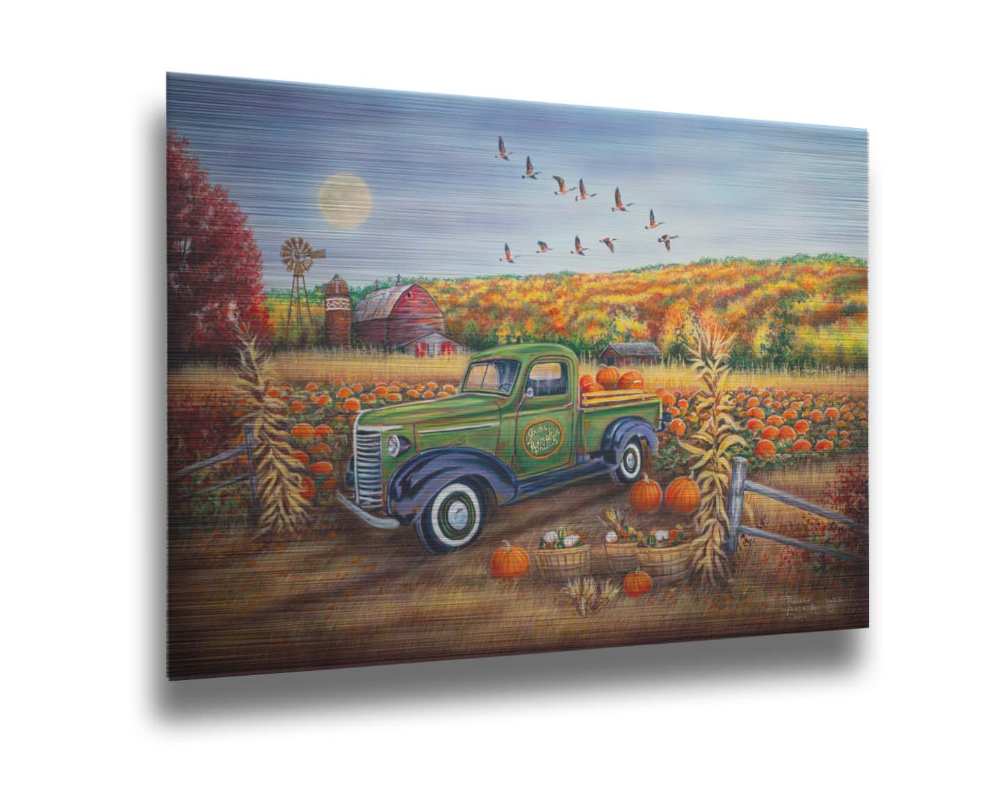 A painting of a farm, featuring a field of pumpkins and a field of corn. There is a forest of yellow, orange, red, and green fall trees in the background, and geese fly overhead. Printed on metal.