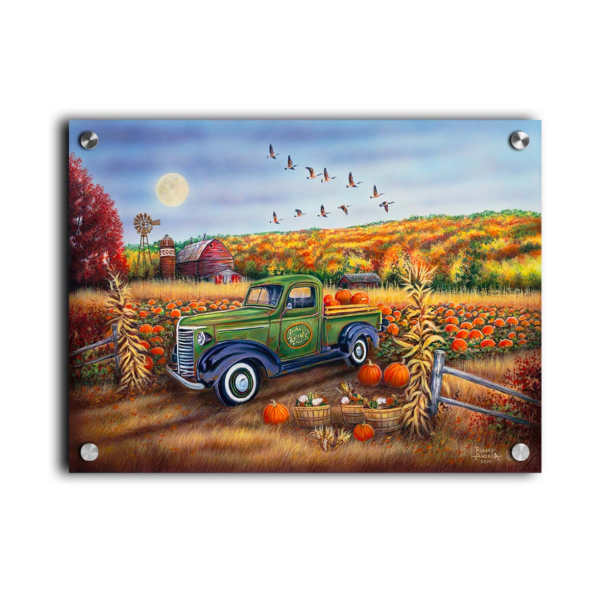 A painting of a farm, featuring a field of pumpkins and a field of corn. There is a forest of yellow, orange, red, and green fall trees in the background, and geese fly overhead. Printed on acrylic.