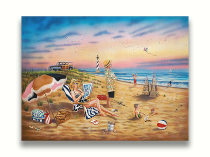 A painting of a family vacationing on the beach. The adults relax while the children play, with one in the sand and another flying a kite with their dog. Printed on canvas.