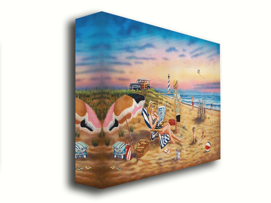 A painting of a family vacationing on the beach. The adults relax while the children play, with one in the sand and another flying a kite with their dog. Printed on canvas.