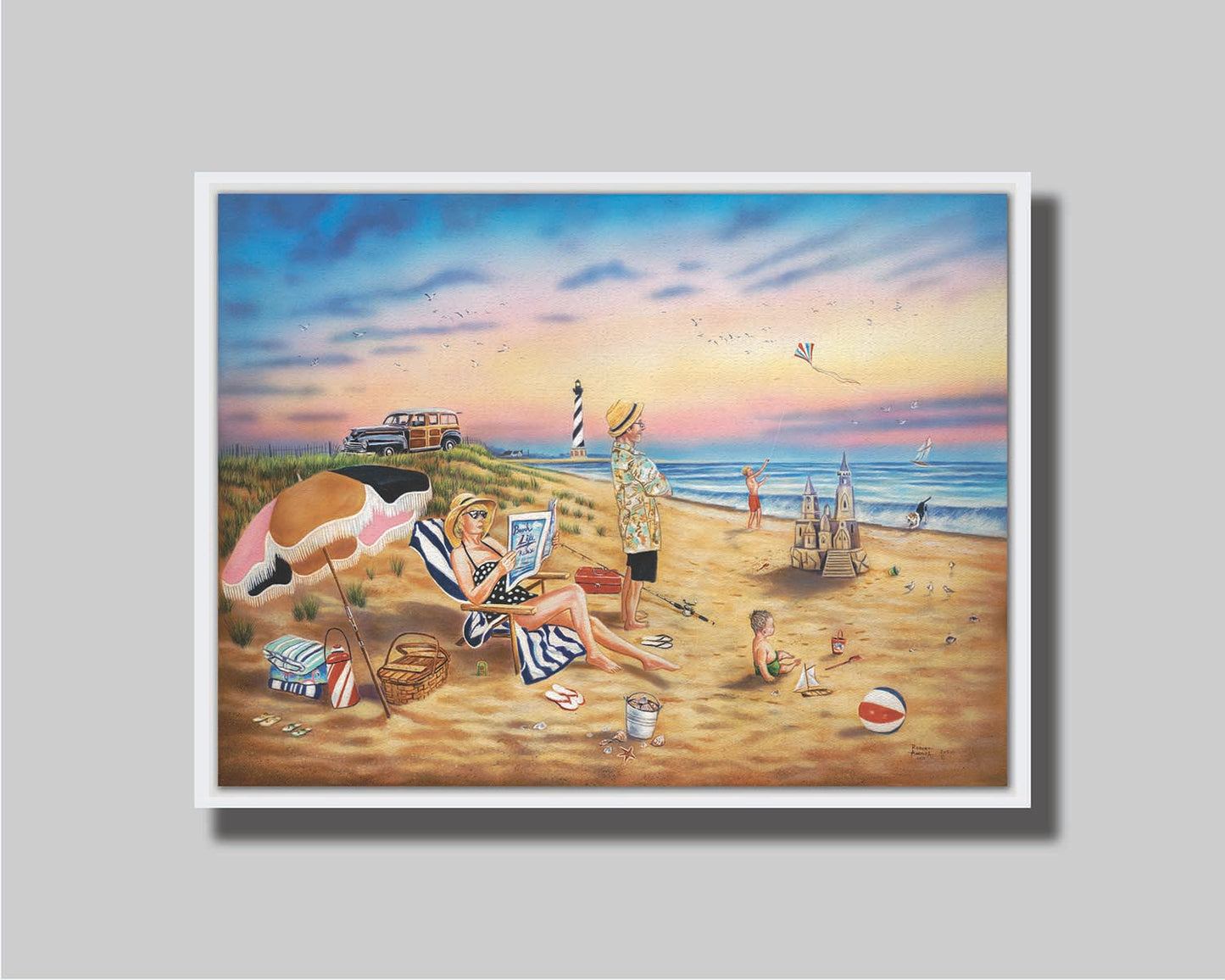 A painting of a family vacationing on the beach. The adults relax while the children play, with one in the sand and another flying a kite with their dog. Printed on canvas in a float frame.