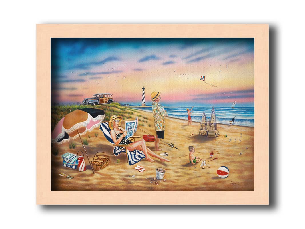 A painting of a family vacationing on the beach. The adults relax while the children play, with one in the sand and another flying a kite with their dog. Printed on canvas and framed.